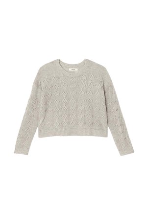Pull court gris clair avec un motif de tricot décoratif ajouré, col rond et manches longues, avec des poignets et un ourlet côtelés.