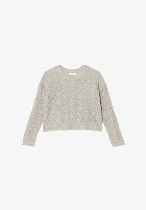Pull court gris clair avec un motif de tricot décoratif ajouré, col rond et manches longues, avec des poignets et un ourlet côtelés.