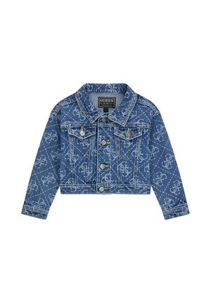 Giacca di jeans corta blu con stampa monogramma chiara su tutta la superficie, bottoni color argento, due tasche a pattina sul petto e colletto, by Guess.