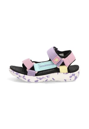 Sandalia de punta abierta con suela negra, plataforma blanca con motas moradas y tiras en tonos pastel en rosa, lavanda, menta y amarillo con cierres de velcro.