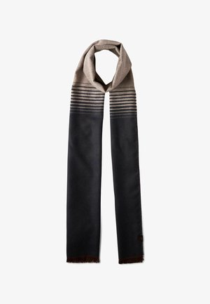 Sciarpa di lana con una sfumatura che va dal beige chiaro in alto al nero scuro in basso, caratterizzata da strisce orizzontali e un bordo frangiato.