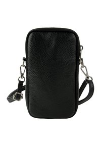 Zwarte leren crossbodytas met een getextureerd oppervlak, rechthoekige vorm, ritssluiting bovenop en verstelbare band met metalen hardware.