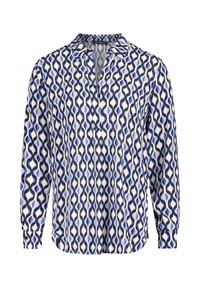 Blouse à manches longues avec un motif ondulé blanc, bleu et noir, dotée d'un col, d'une fermeture par boutons et d'un léger éclat sur le tissu.
