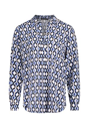 Blouse met lange mouwen in een wit, blauw en zwart golfpatroon, met een kraag, knoopsluiting en een lichte glans in de stof.