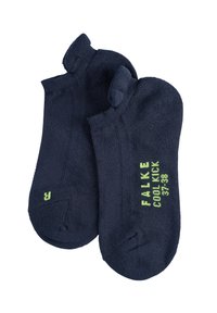 Chaussettes de cheville en coton bleu marine avec texte vert. Caractéristiques : texture côtelée, pointe et talon renforcés. Taille imprimée : 37-38.