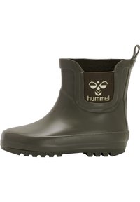 Groene rubberen laars met een gestructureerde zool, elastische zijpaneel en een logo op de bovenkant. Ontworpen voor duurzaamheid en bescherming tegen vocht.