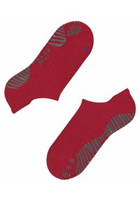 Rode enkelsokken met rubberen grippatronen in het grijs. Heeft een gladde textuur, verstevigde hiel en teen, en logodetail.