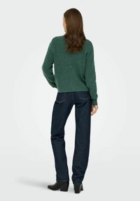 Ciemnozielony sweter z dzianiny zestawiony z ciemnoniebieskimi dżinsami. Całość dopełniają czarne botki na obcasie. Sweter ma luźny krój.
