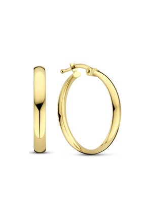 Paire de boucles d'oreilles créoles en or lisses et polies avec fermoirs à charnière, une vue de côté et une vue de face.