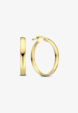 Paire de boucles d'oreilles créoles en or lisses et polies avec fermoirs à charnière, une vue de côté et une vue de face.