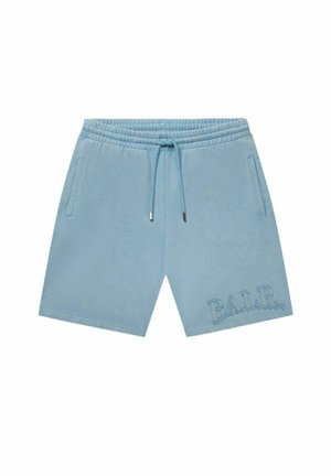 Pantaloncini in cotone azzurro chiaro con vita elastica, cordoncino, tasche laterali e logo ricamato "BALR." in basso a sinistra.
