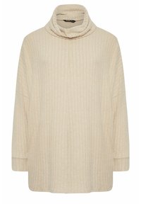 Beige ribbad höghalssweater med en lös passform, breda ärmar och en mjuk textur. Har en hög krage för ökad värme.