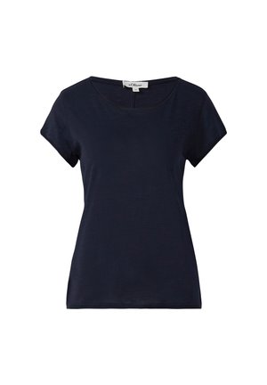 T-shirt bleu marine à manches courtes avec un col rond et une texture douce ; fabriqué en tissu léger ; présente une petite fente à l'arrière.