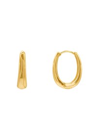 Los pendientes de aro de oro presentan un diseño suave y redondeado con un acabado brillante. Un pendiente tiene forma de lágrima estrecha, mientras que el otro tiene una forma ovalada más grande.