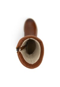 Bruine leren enkellaars met een zachte, witte binnenvoering. De bovenrand heeft een gequilte textuur en een rits aan de zijkant.