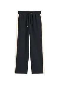 Schwarze weit geschnittene Sweatpants mit elastischem Bund, Kordelzug, seitlichen Taschen und weißen seitlichen Streifen.