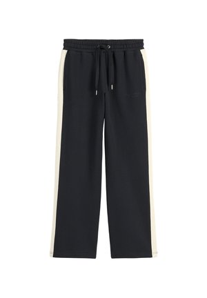 Zwarte wijde sweatpants met elastische tailleband, trekkoord, zijzakken en witte zijstreep.
