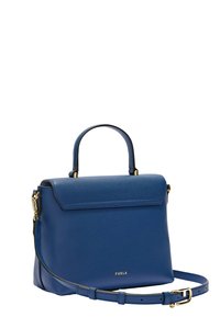 Borse Furla in pelle blu con manico superiore, tracolla rimovibile e regolabile, e accessori in oro.