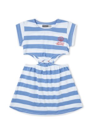 Vestido de manga corta a rayas azules y blancas con cintura recortada, concha roja bordada y texto "Recuerdos de verano" en el pecho.