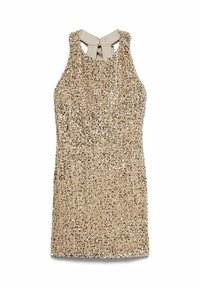 Bēšu sekvīnu kleita ar bezpiedurknēm, kas piedāvā augstu izgriezumu un atslēgas caurumu aizmugurē ar loku akcents. Gluda, teksturēta virsma.