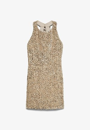 Kreminės spalvos blizgučių suknelė be rankovių, su aukštu iškirpimu ir rakto skylutės nugaros dizainu, puoštu kaspinėliu. Lygi, tekstūruota paviršius.