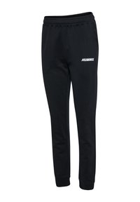Czarne spodnie dresowe wykonane z miękkiej tkaniny, z elastycznym pasem, zwężanymi nogawkami oraz białym logo "HUMMEL" na lewej udzie.