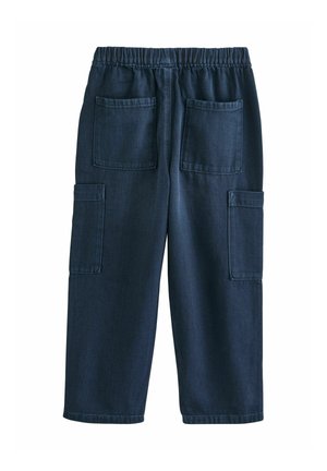 Dunkelblaue Cargo-Hosen mit elastischem Bund, die mehrere Taschen an den Seiten und hinten haben. Hergestellt aus robustem Stoff mit einer glatten Textur.