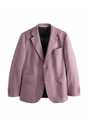Light purple single-breasted blazer with notch lapels, two buttons, three front flap pockets, and buttoned cuffs, shown against white background.