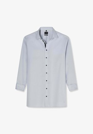 Light blue long-sleeve men's dress shirt with black buttons and a classic collar, displayed flat on a white background.