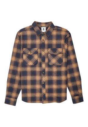 Camicia flanella a quadri in blu navy e arancione, maniche lunghe, due tasche sul petto con patte a bottone e chiusura frontale a bottoni. Materiale in cotone.