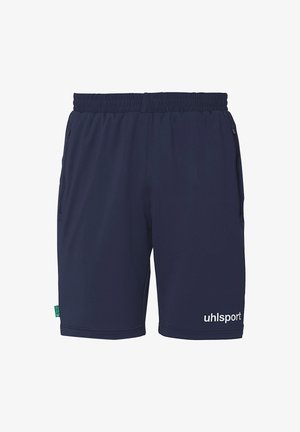 Marine sportieve shorts gemaakt van zachte stof, met een elastische tailleband, twee zijzakken en een wit "uhlsport" logo op de onderste zoom.