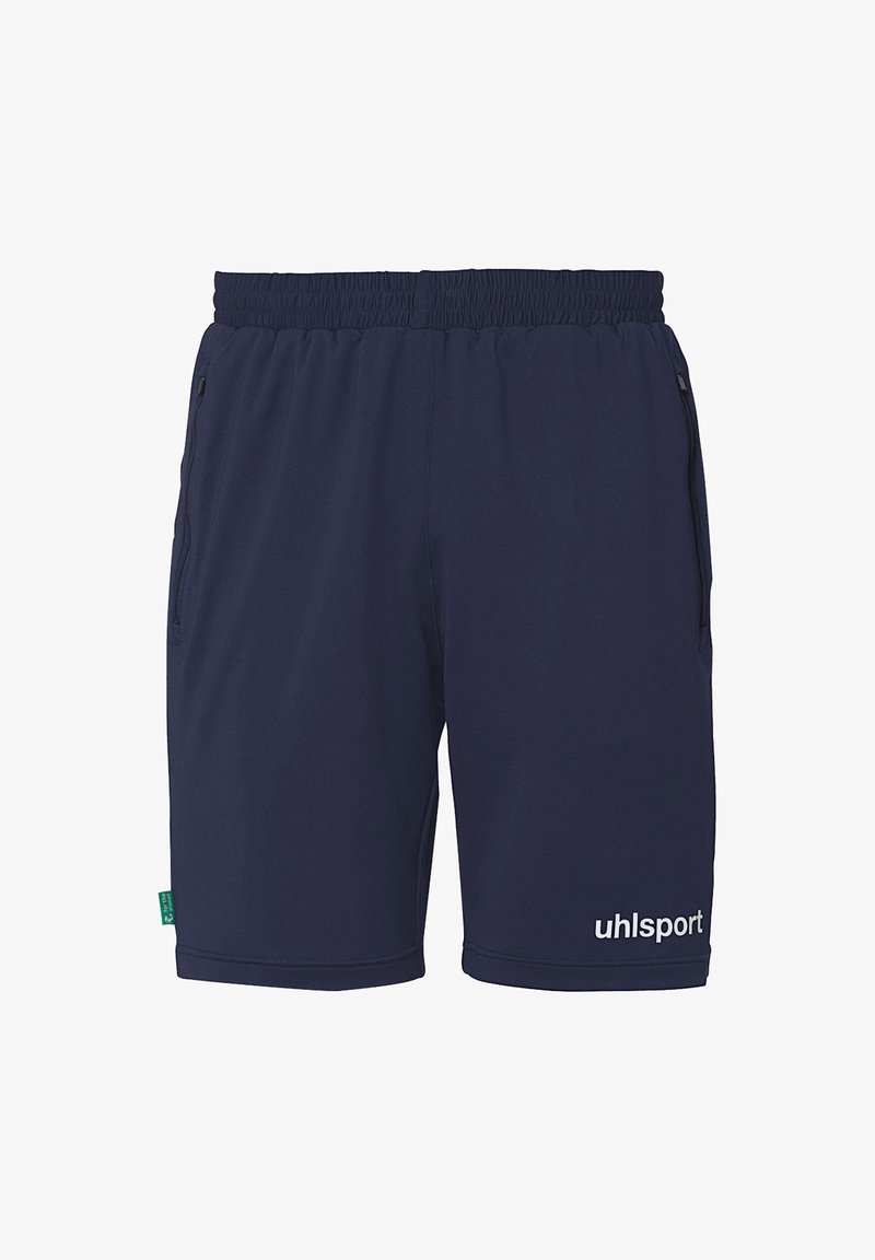 Shorts de sport navy en tissu doux, avec une taille élastique, deux poches latérales et un logo "uhlsport" blanc sur l'ourlet inférieur.