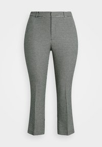 Black and white houndstooth patterned trousers with a fitted design, featuring a straight leg and a mid-rise waist.  Textured fabric.