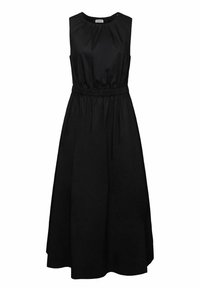 Robe midi noire sans manches avec encolure froncée et taille élastique, confectionnée dans un tissu lisse, s'évasant légèrement vers l'ourlet.