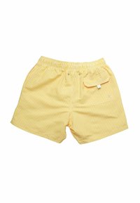 Costumi da bagno gialli a righe con cintura elastica, dotati di tasca posteriore e un piccolo logo decorativo sul lato. Texture del tessuto morbida.