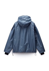 Blue, lightweight jacket with a hood, elastic cuffs, cinched hem, and a logo patch on the left shoulder. Smooth texture, minimal design.
