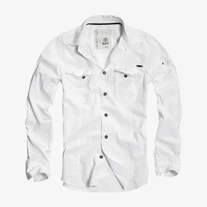 Balta ilgomis rankovėmis marškinių, pagamintų iš medvilnės, su mygtukų apykakle, dviem krūtinės kišenėmis, juodais mygtukais ir siuvinėjimais aplink siūles.