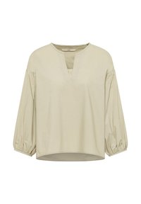 Beige lockere Bluse mit dreiviertel Puffärmeln, elastischen Bündchen und einem V-Ausschnitt mit runder Halslinie.