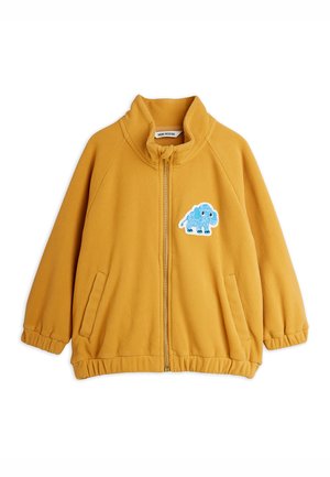 Mustard yellow fleece jacket with front zipper, elastic cuffs and hem, two side pockets, and a blue mammoth patch on the left chest.