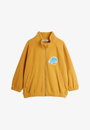 Mustard yellow fleece jacket with front zipper, elastic cuffs and hem, two side pockets, and a blue mammoth patch on the left chest.