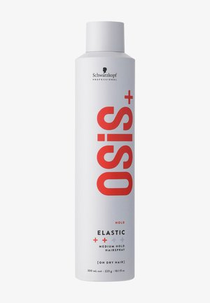 Barattolo cilindrico bianco di lacca Osis+ Elastic medium hold con scritte rosse, caratterizzato da un design semplice e una base piatta per stabilità.