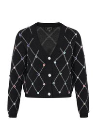 Cardigan nero con scollo a V, caratterizzato da un motivo a rombi grigio. Decorato con abbellimenti simili a gemme colorate e bottoni a forma di fiore.