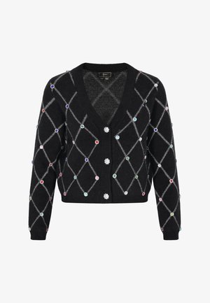 Cardigan nero con scollo a V, caratterizzato da un motivo a rombi grigio. Decorato con abbellimenti simili a gemme colorate e bottoni a forma di fiore.