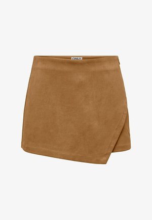 Smeđa lažna suđena suknja na preklop s glatkom teksturom, kratke dužine i dijagonalnim rubom. Oznaka vidljiva na struku.