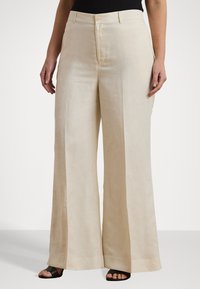 Beige vidde bukser laget av lett materiale, med en jevn tekstur, frontknapp-lukking og dype sidelommer.