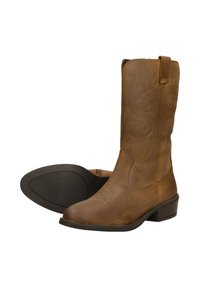 Braune Leder-Cowboystiefel mit dekorativen Nähten. Abgerundete Spitze, mittelschaftige Schaft und ein niedriger Blockabsatz. Schwarze Gummisohle.