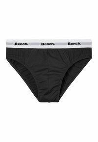 Schwarze Bikiniunterwäsche mit einem elastischen Bund in Weiß und Grau mit dem "Bench."-Logo. Hergestellt aus weichem, dehnbarem Stoff mit einer glatten Textur.