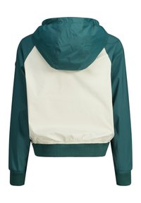 Giacca corta con cappuccio in teal e crema, con orlo e polsini elastici, caratterizzata da una texture liscia e un design a blocchi di colore.