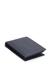 Portafoglio in pelle blu scuro, design bifold, con svariati scomparti per carte e una superficie liscia. Logo impresso all'esterno.