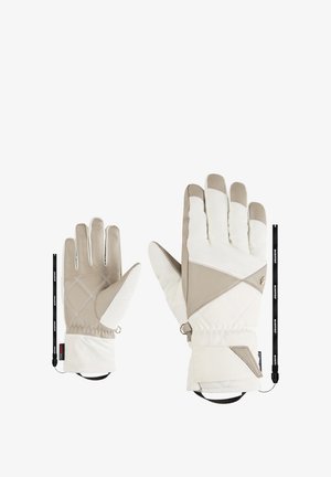 Beige and white insulated gloves with a textured grip, adjustable wrist closure, and elastic strap for secure fit. Features diagonal patterns.